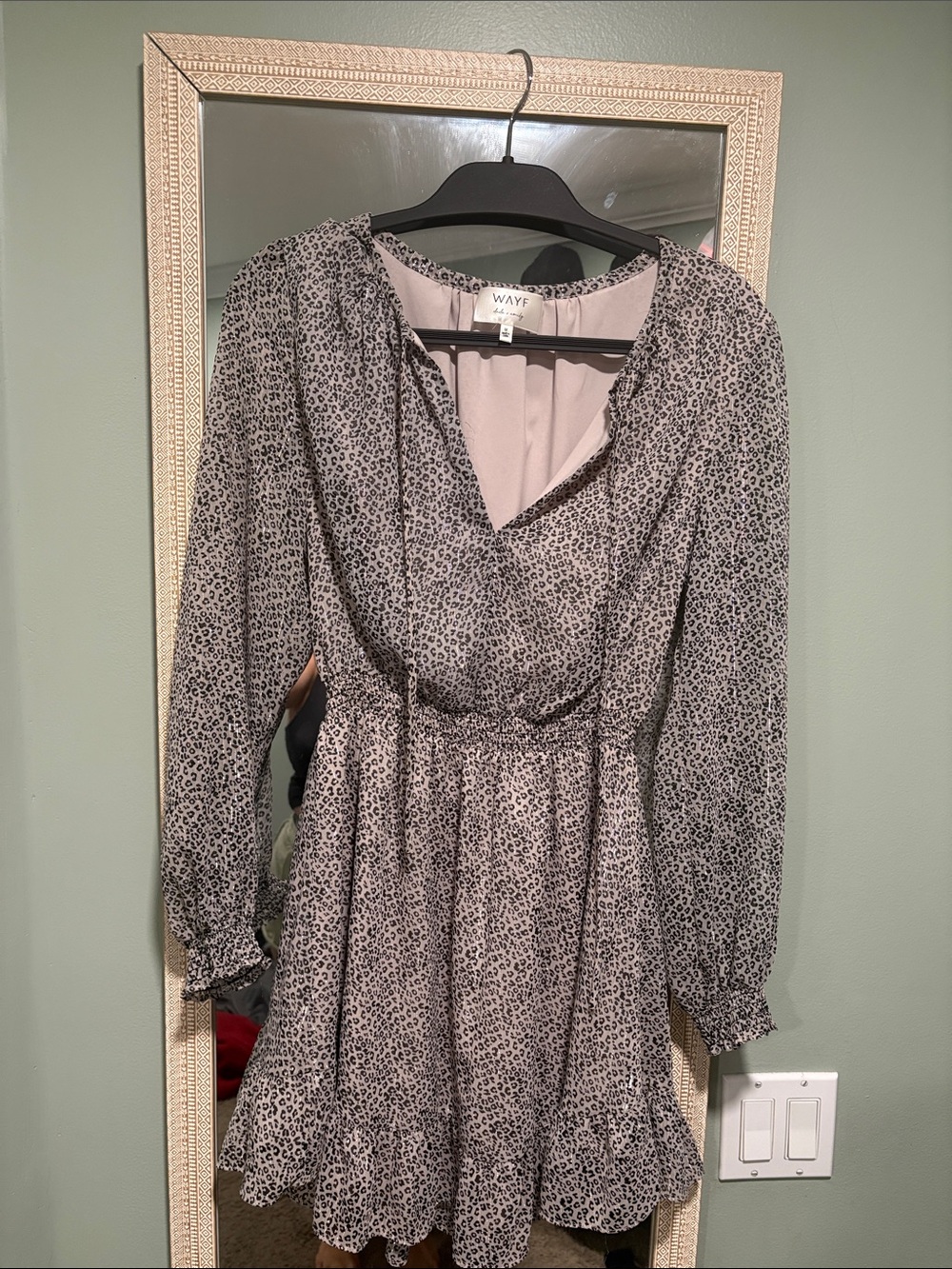 Wayf Beige and Black Leopard Print Long Sleeve Ruffle Dress